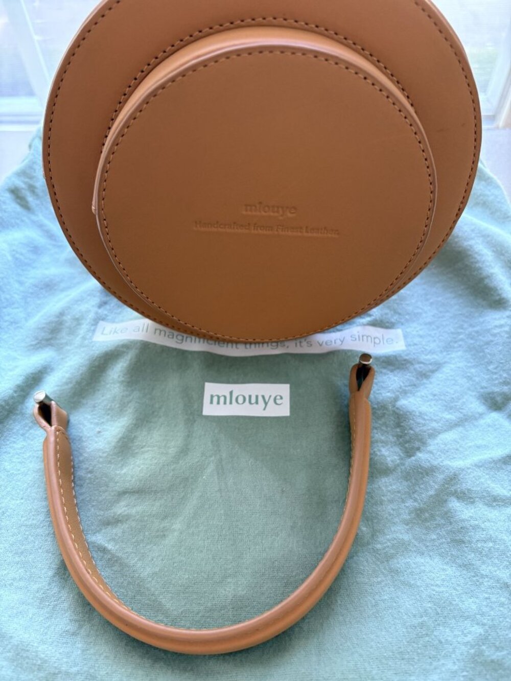 Mlouye Mini Lantern Bag Tan Leather Sculptural Bucket Bag Crossbody with Top Han - Picture 5 of 9